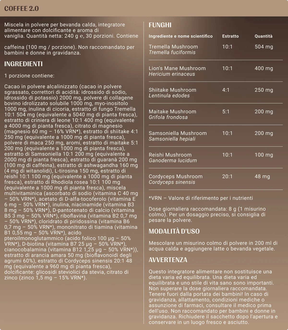 Valori nutrizionali CACAO E VANIGLIA