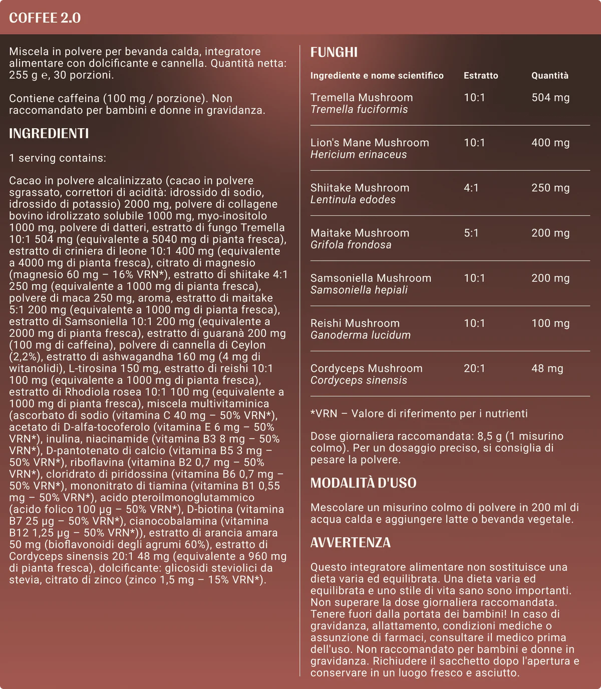 Valori nutrizionali CACAO E CANNELLA