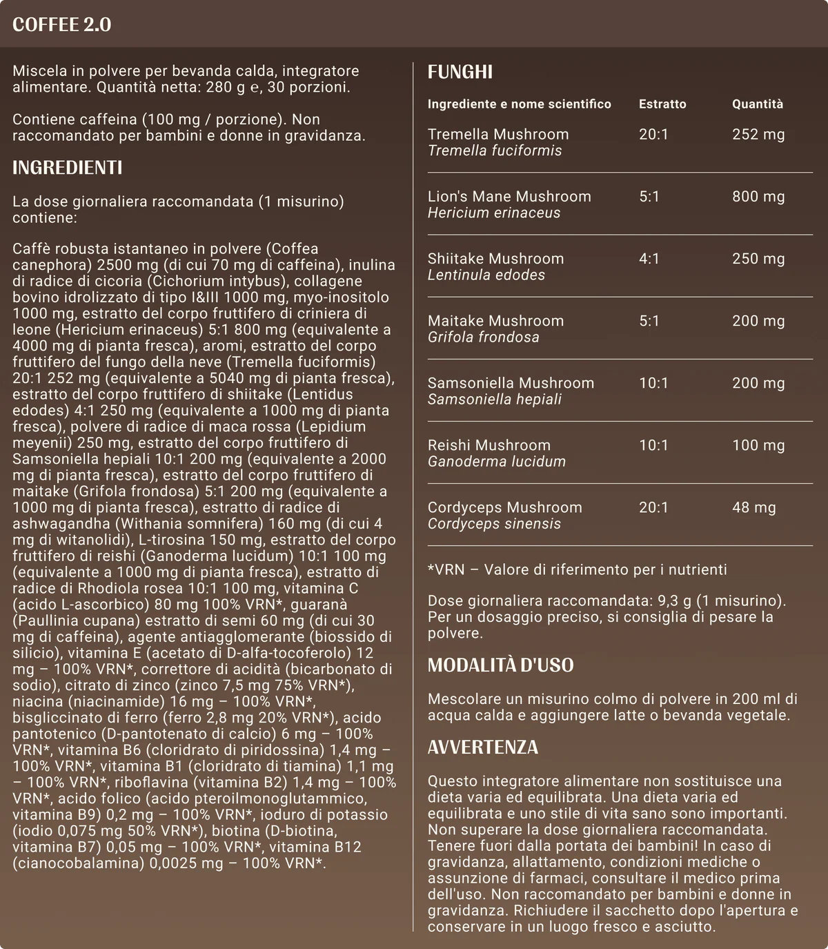 Valori nutrizionali CAFFÈ CLASSICO